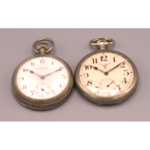 538 - Record nickel keyless pocket watch, signed white enamel Arabic dial, subsidiary seconds, snap on cas... 