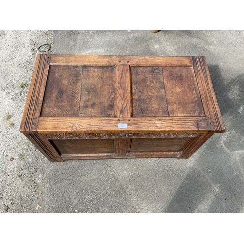 587 - Small 18th century oak coffer, two panel top and font with strapwork frieze, W87cm D44cm H49cm