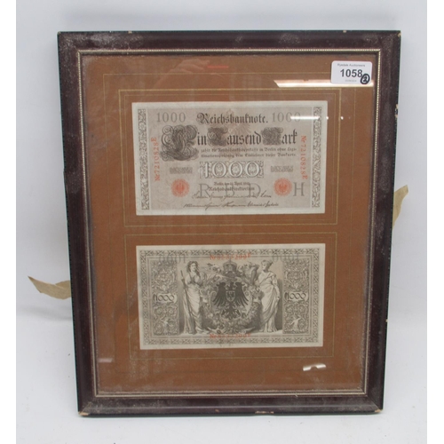 1058 - Dominic Littlewood Collection - two 1000 Mark Reichbanknote, framed and glazed, 34cm x 27cm; Communi... 