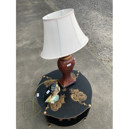 583 - Black Chinoiserie style two tier coffee table, decorated with Dragons, Italian clam shell table lamp... 