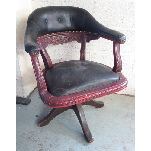 668 - C20th office swivel chair, nailed upholstered back and arms with carved detail, on four outsplayed l... 