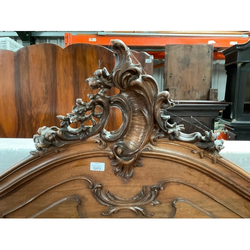 1273 - French walnut double bedstead, serpentine moulded head and footboards with carved cresting