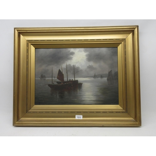 1213 - W. H. Day (British 19th century); Fishing boats off a moonlit coast, oil on board, signed, 34cm x 49... 