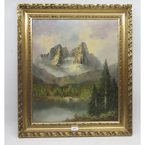 1219 - H. Bachmann (German 20th century); Extensive Alpine landscape, oil on canvas, signed, and H. C. Herm... 