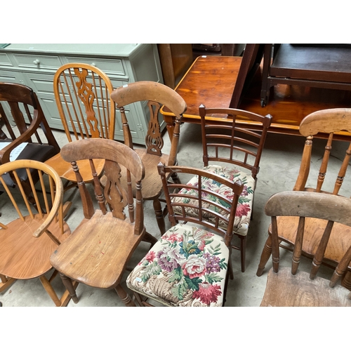 1281 - Ercol elm and beech cow horn armed rocking chair, pair of Edwardian mahogany bedroom chairs, and fiv... 