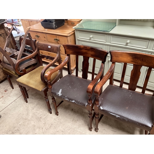 1282 - Pair of 20th century beech elbow chairs, and three early 19th century mahogany dining chairs (1 A/F)