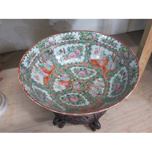 807 - Modern Chinese bowl famile vert decorated with figures and foliage, on hardwood stand, D30cm h23cm