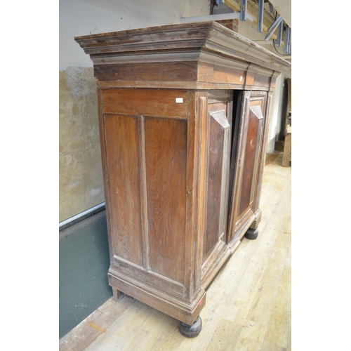 1286 - 19th century Dutch oak walnut and rosewood cupboard, moulded cornice above two raised panel doors, o... 