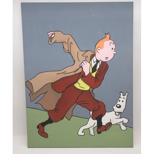 1223 - Contemporary School; Tin-Tin and Snowy, unframed oil on canvas, 80cm x 60cm