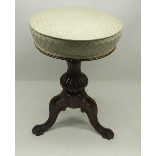 1226 - Victorian mahogany piano stool, upholstered adjustable top on vase shaped support and three cabriole... 