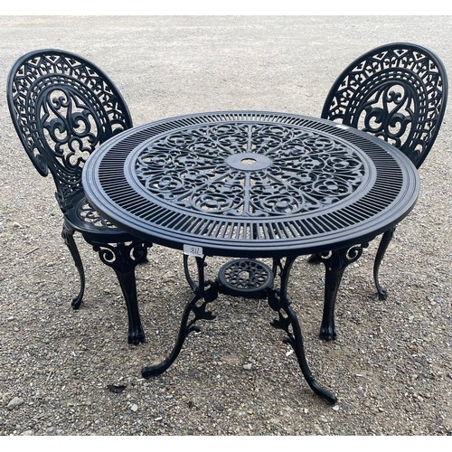 796 - Cast aloy garden table and two chairs with scroll design