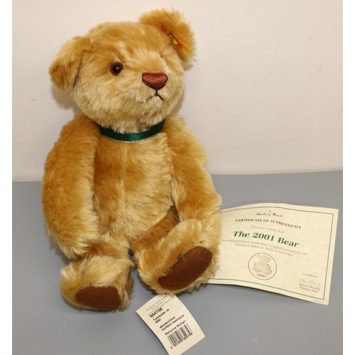 1258 - Steiff/Danbury Mint: 'The 2001 Bear' golden mohair, with medallion on green ribbon, H31cm, with dust... 