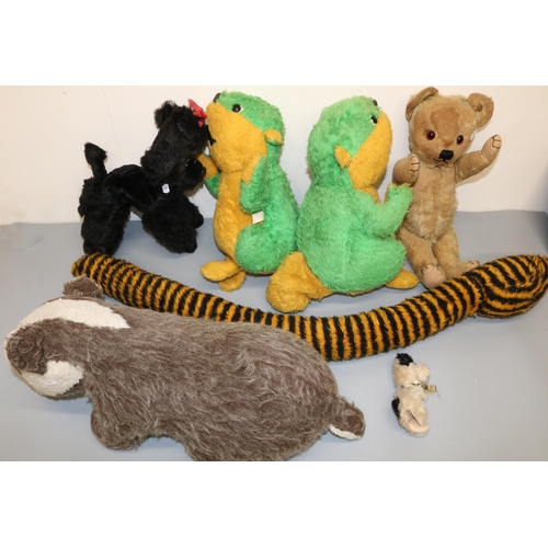 1260 - Collection of vintage soft toys, incl. Merrythought teddy bear, black poodle, badger, Chad Valley be... 