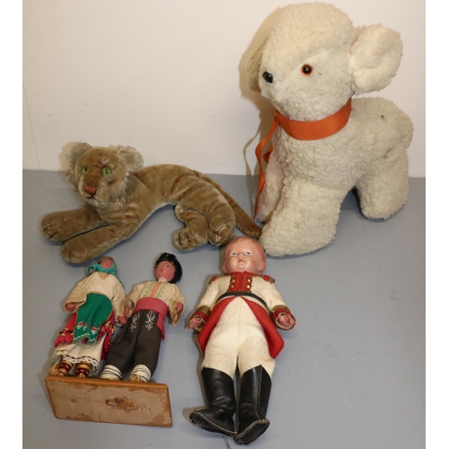 1265 - Steiff lion cub, L22cm, three vintage dolls, and a vintage soft toy lamb