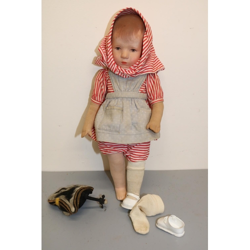 1266 - Mid 20th century Kathe Kruse doll, muslin body, moulded head with painted hair, underside of foot fa... 