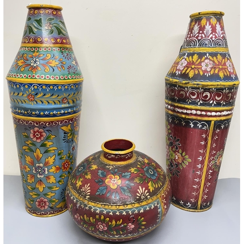 837 - Indian painted metal matka (water pot), in red, D35cm, and two similar decorated tall vessels/vases,... 