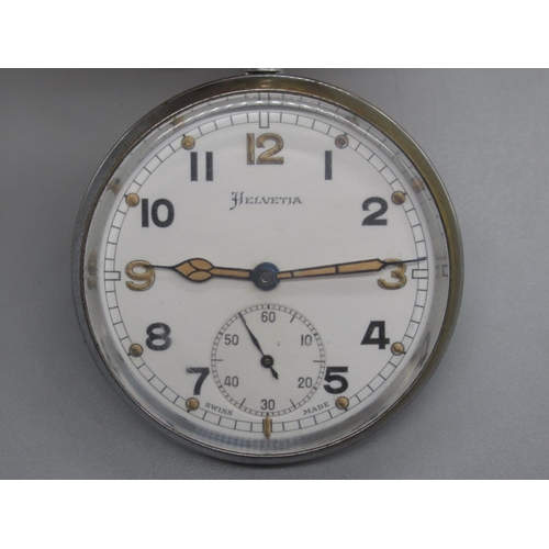 500 - Helvetia WWII British Military Issue chrome plated keyless pocket watch, signed white enamel Arabic ... 