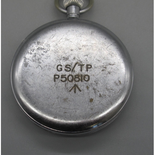 500 - Helvetia WWII British Military Issue chrome plated keyless pocket watch, signed white enamel Arabic ... 