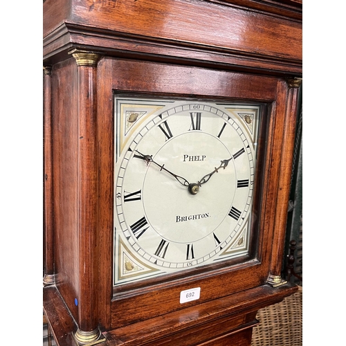 692 - Phelp Brighton - early 19th century mahogany long case clock with signed 11in square painted Roman d... 