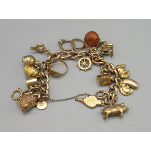 1 - 9ct rose gold charm bracelet, each link stamped 375, with a mixture of rose and yellow gold charms, ... 