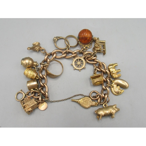 1 - 9ct rose gold charm bracelet, each link stamped 375, with a mixture of rose and yellow gold charms, ... 