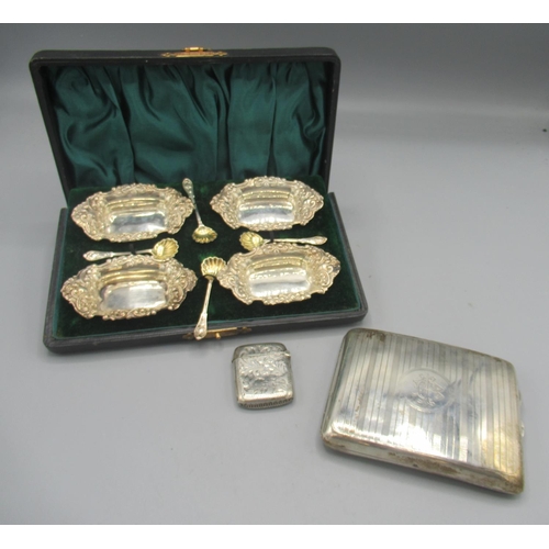 540 - Les Dennis Collection - Edwardian silver cased set of four salts in rectangular form, border decorat... 