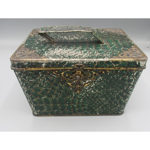 566 - Les Dennis Collection - Huntley & Palmers faux green crocodile skin handbag biscuit tin, hinged lid ... 