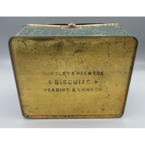 566 - Les Dennis Collection - Huntley & Palmers faux green crocodile skin handbag biscuit tin, hinged lid ... 