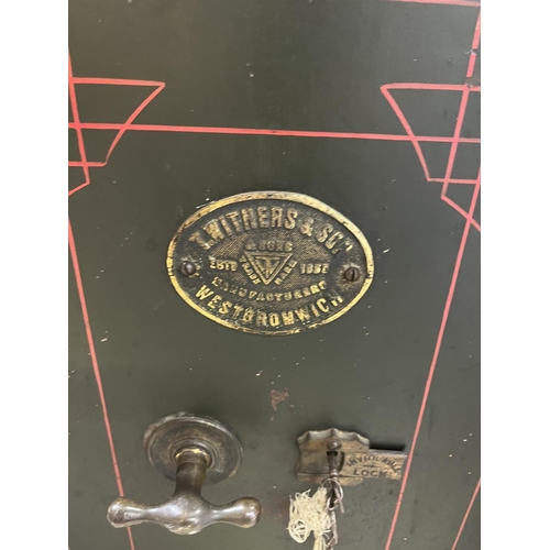 333 - T. Withers & Son, West Bromwich, 20th Century green painted safe fitted with interior drawer, W40cm ... 