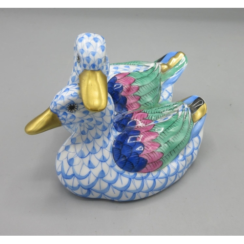 1084 - Herend porcelain model of two ducks in the blue fishnet pattern, H7.5cm, printed marks