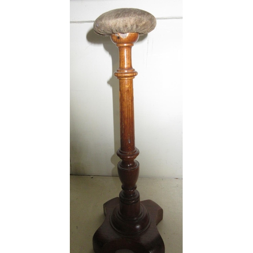 679 - 20th century turned oak wig stand with weighted base, H38cm