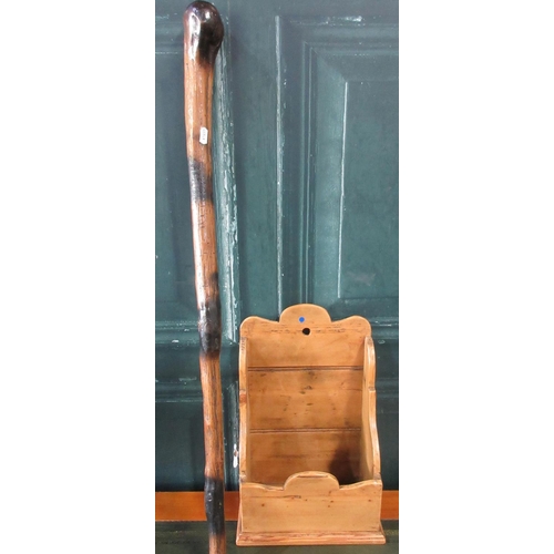 680 - Waxed pine cutlery or candle box and a naturalistic walking stick (2)