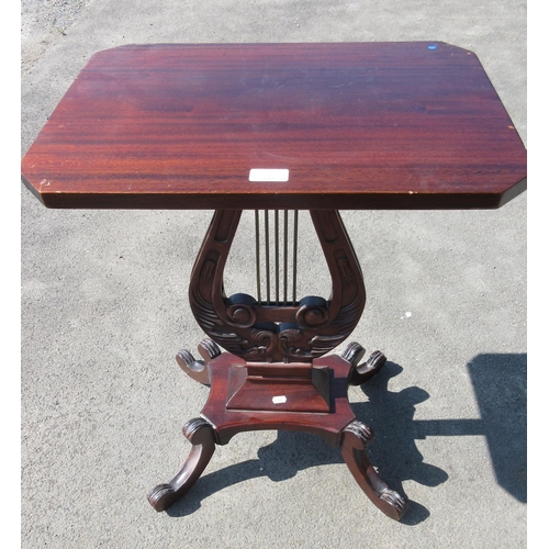 687 - Regency style mahogany rectangular centre table on lyre support and four scroll feet, W52cm D38cm H7... 