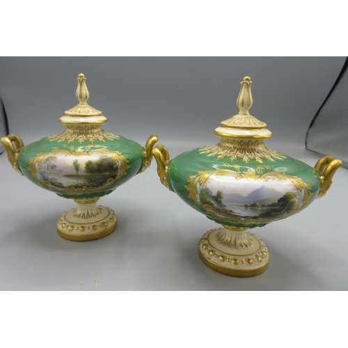 1193 - Pair of Royal Worcester vases, twin handled green ground bodies painted with river landscapes in res... 