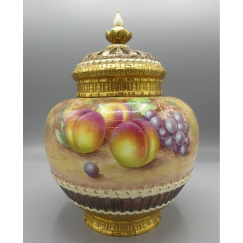 1186 - Royal Worcester large pot pourri vase and cover, globular body painted with fruit on a mossy ground ...