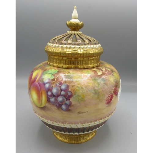 1186 - Royal Worcester large pot pourri vase and cover, globular body painted with fruit on a mossy ground ... 