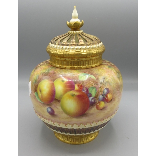 1186 - Royal Worcester large pot pourri vase and cover, globular body painted with fruit on a mossy ground ... 