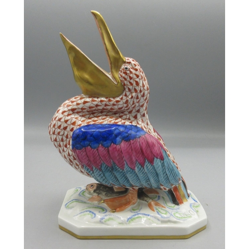 1158 - Herend hand painted porcelain model of a Pelican, standing with open beak on rectangular base with t... 