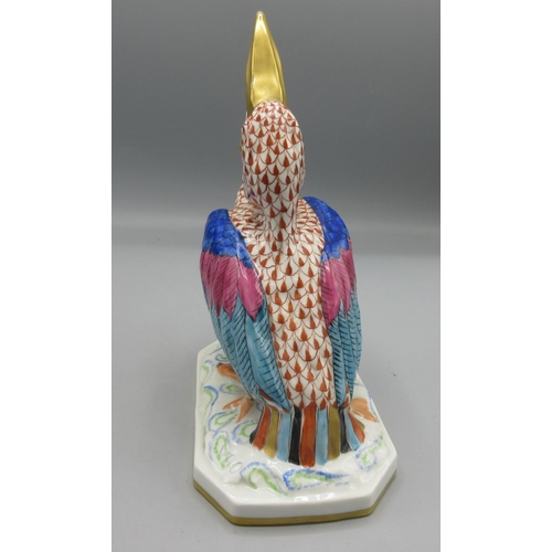 1158 - Herend hand painted porcelain model of a Pelican, standing with open beak on rectangular base with t... 