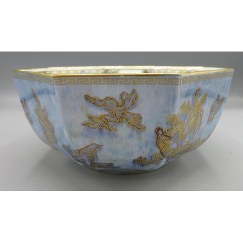 1165 - Wedgwood octagonal lustre bowl, interior and exterior decorated with dragons and exotic birds on a b... 