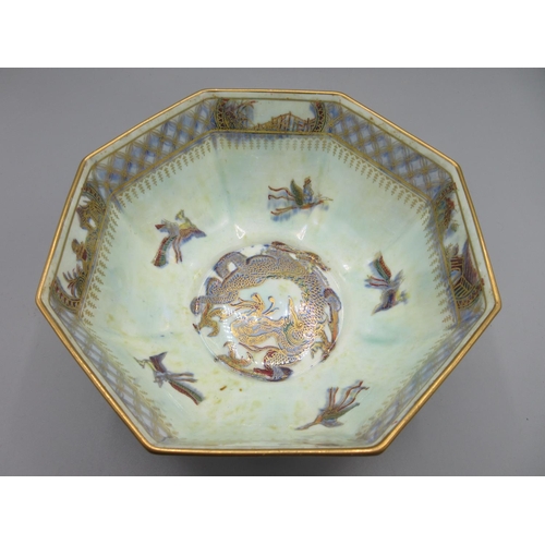 1165 - Wedgwood octagonal lustre bowl, interior and exterior decorated with dragons and exotic birds on a b... 