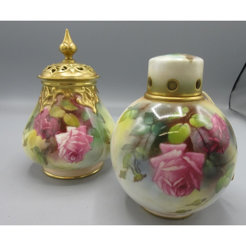 1190 - Royal Worcester pot pourri vase and cover, pear shaped body painted with roses, pierced cover with s... 