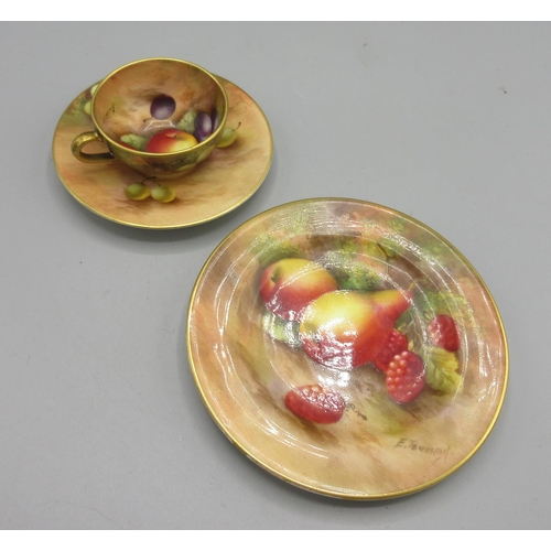 1199 - Royal Worcester miniature tea cup, saucer and plate, painted with fruit on a mossy ground by E. Town... 