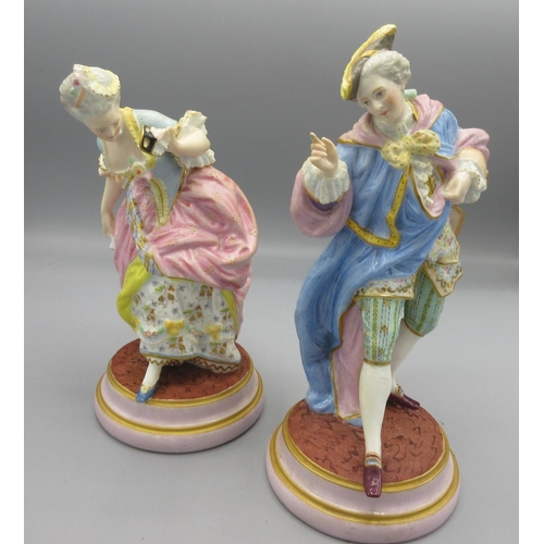 1154 - Pair of Meissen, Dresden porcelain models of a dancing couple, she with mask, he with tricorn hat, e... 