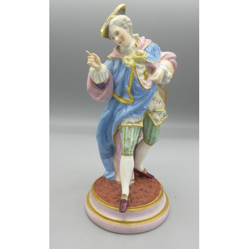 1154 - Pair of Meissen, Dresden porcelain models of a dancing couple, she with mask, he with tricorn hat, e... 