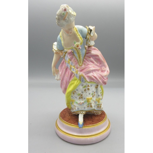 1154 - Pair of Meissen, Dresden porcelain models of a dancing couple, she with mask, he with tricorn hat, e... 