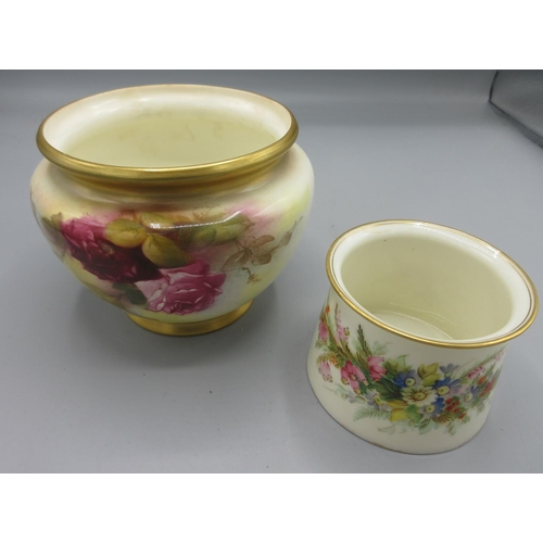 1222 - Royal Worcester circular tapering bowl, painted with roses with gilt rim and foot, printed blue mark... 