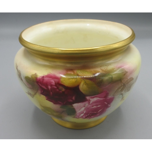 1222 - Royal Worcester circular tapering bowl, painted with roses with gilt rim and foot, printed blue mark... 