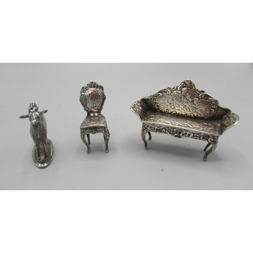 1083 - Edward V11 silver model of a Rococo couch and chair, W6cm on cabriole legs, possibly B Muller & Son,... 