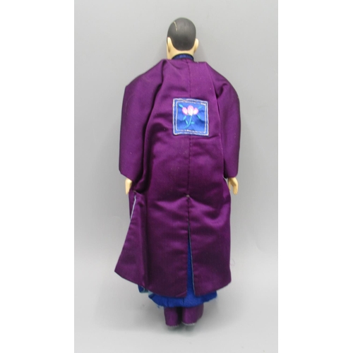 1248 - Chinese 'Door of Hope' groom doll c1930s, carved pearwood with hand-embroidered purple silk costume,... 